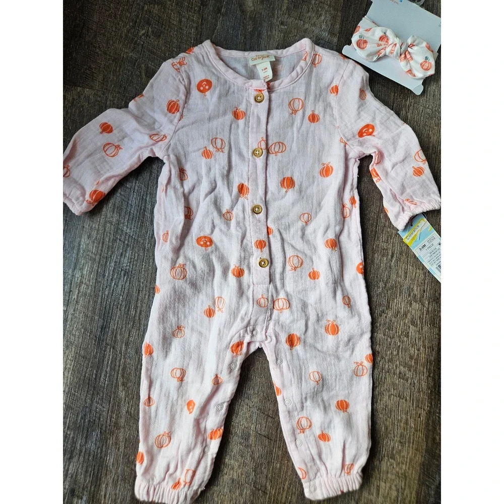 Cat & Jack 1 piece pink pumpkin outfit and pumpkin headband 3/6 month NWT